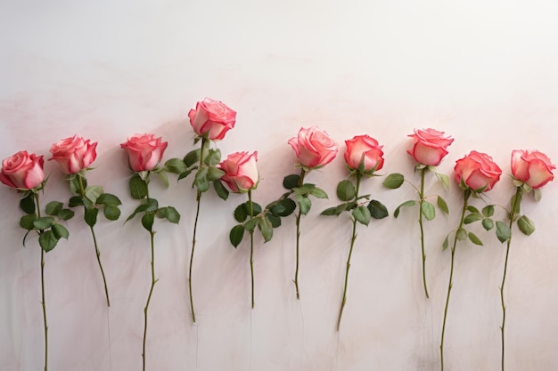 Belezas em flor Filas de rosas graciosamente alinhadas ao longo de uma parede branca