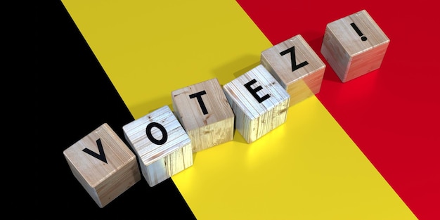 Foto belgien stimmt würfelwörter und nationale flagge wahlkonzept 3d-illustration