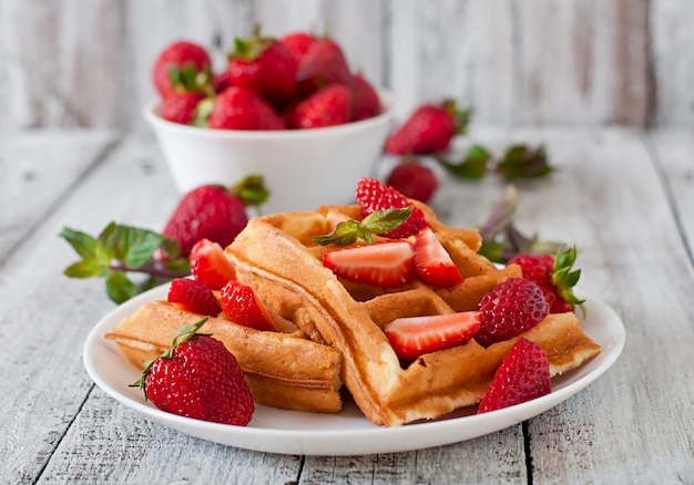 Belgien Waffeln mit Erdbeeren und Minze auf weißem Teller