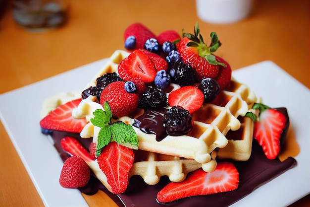 Belgische Waffeln mit Erdbeeren und Heidelbeeren in Beerensoße auf Teller