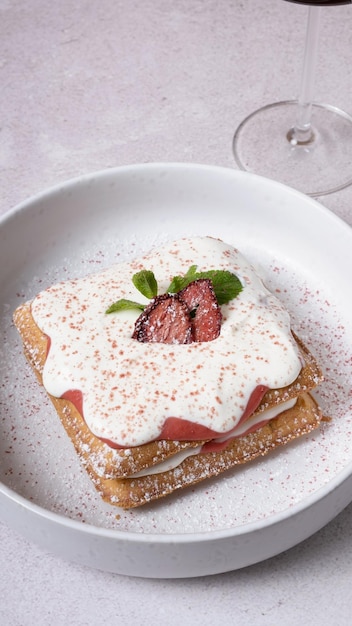 Belgische Waffeln mit Erdbeerkonfit und Sahnesauce auf grauem Hintergrund