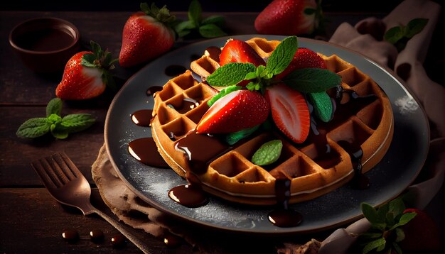 Belgische Waffeln mit frischen Erdbeeren und Schokoladensauce auf dunklem Holzhintergrundgenerative ai