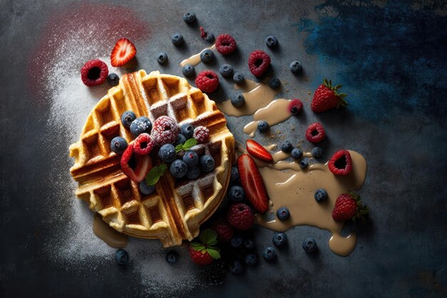 Belgische Waffeln mit Himbeeren, Heidelbeeren und Sirup, hausgemachtes gesundes Frühstück der AI-Generation