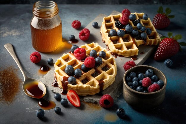 Belgische Waffeln mit Himbeeren, Heidelbeeren und Sirup, hausgemachtes gesundes Frühstück der AI-Generation