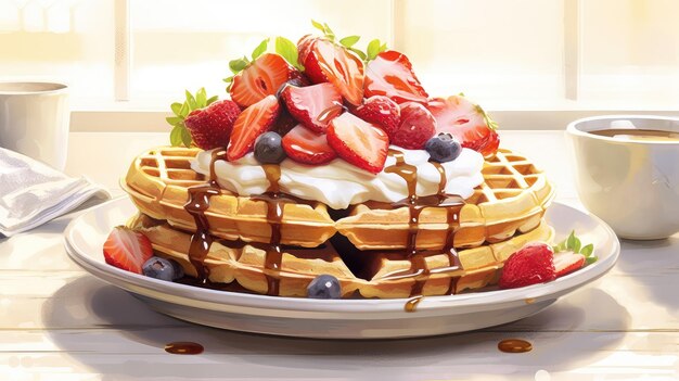 Belgische Waffeln mit Sahne und frischen Erdbeeren auf dem Küchentisch Frühstück