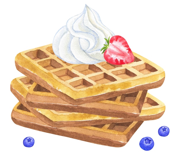 Foto belgische waffeln mit schlagsahne und erdbeere und brombeere. hand gezeichnete aquarellillustration. isoliert.