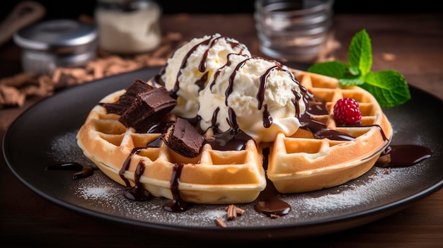 Belgische Waffeln mit verschiedenen Saucen Beeren Schokoladeneis Generative AI