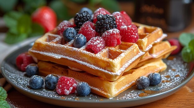 Belgische Waffeln mit Zuckerpulver und frischen Beeren