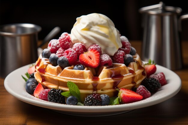 Belgische Waffelperfektion, golden mit Eis und frischen Beeren