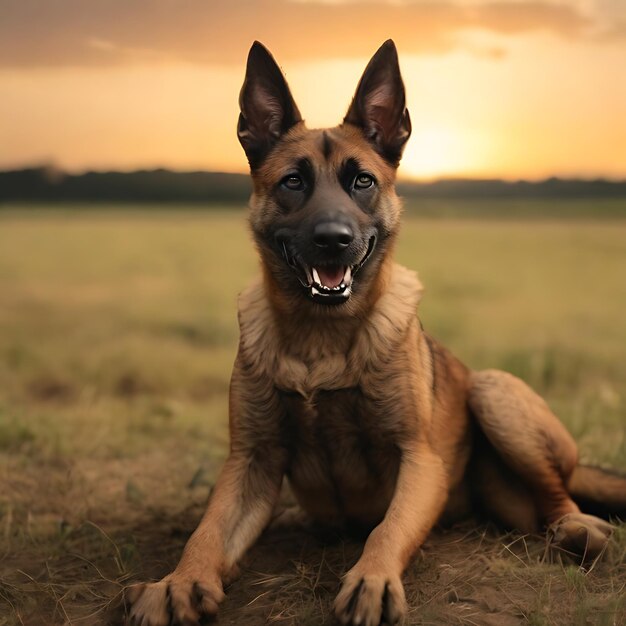 Belgischer Malinois sitzt in einem von KI erzeugten Feld