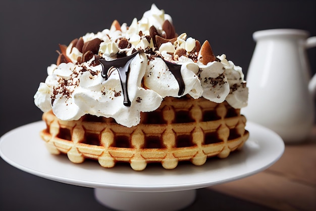 Belgischer Waffelkuchen mit geschlagenen Slicks in Schokoladensiré