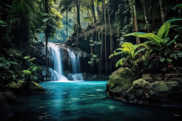 Belíssima cachoeira na selva Belíssima cachoeira na selva Cascata de cachoeira na selva tropical com rocha e lagoa azul turquesa AI Gerado