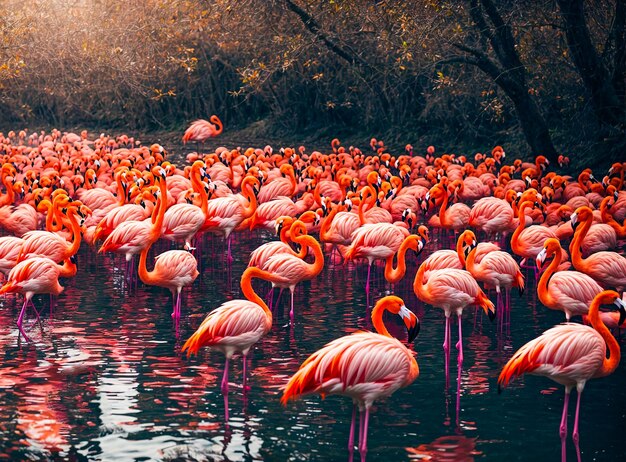 Belíssima floresta de flamingos