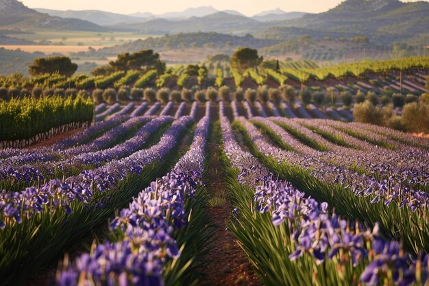 Belíssima paisagem de íris roxos e um pomar na Provença