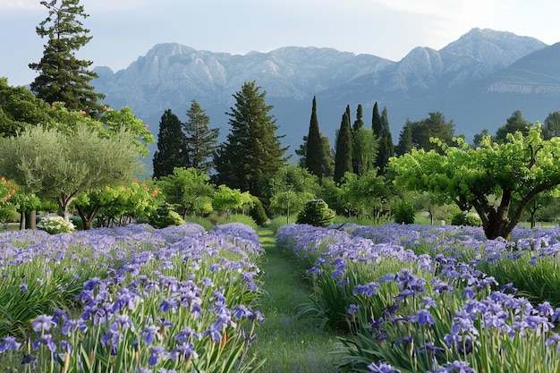 Belíssima paisagem de íris roxos e um pomar na Provença