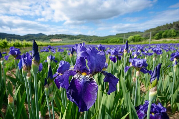 Belíssima paisagem de íris roxos e um pomar na Provença