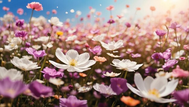 Belíssimo campo de flores com pétalas voadoras geradas pela IA