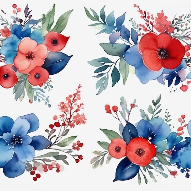 Belíssimo conjunto de buquês de flores e folhas de aquarela desenho de fundo