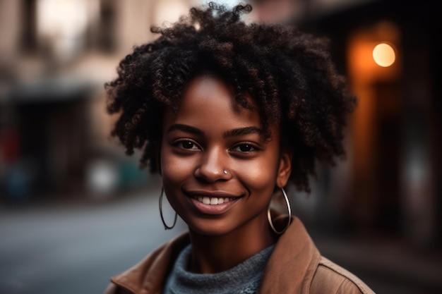 Belíssimo e realista retrato de jovem mulher africana com penteado sorridente em fundo urbano