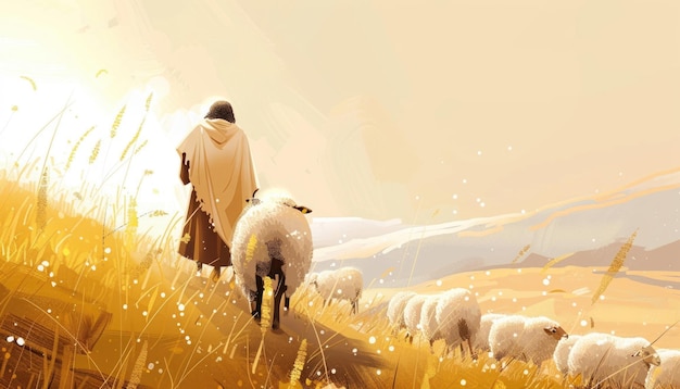 Foto belíssimo jesus pastor com suas ovelhas de fundo ilustrada paisagem incrível cena bíblica
