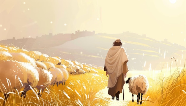 Belíssimo Jesus Pastor com suas ovelhas de fundo Ilustrada paisagem incrível cena bíblica