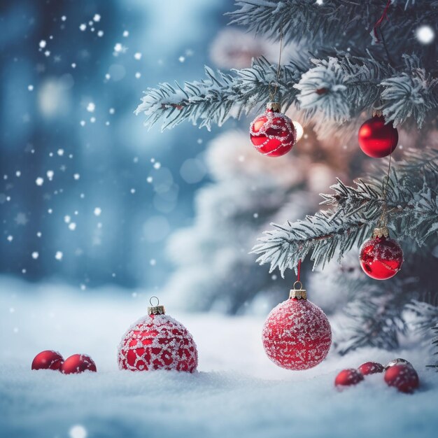 Belíssimo Natal com fundo nevado Árvore de Natal decorada com bolas vermelhas na floresta