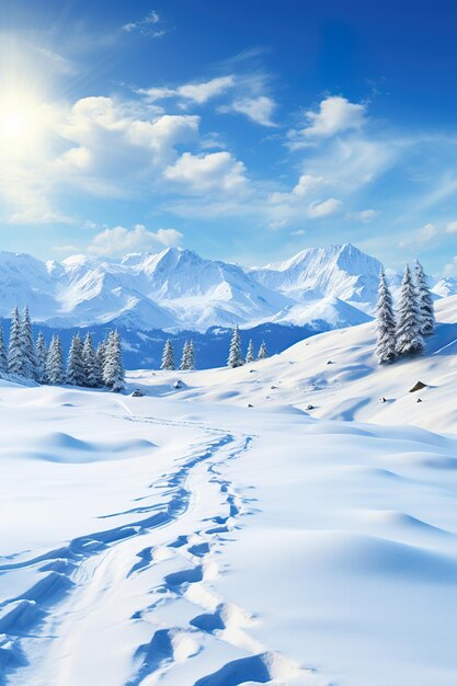 Belíssimo panorama de inverno com neve em pó fresca Paisagem com abetos