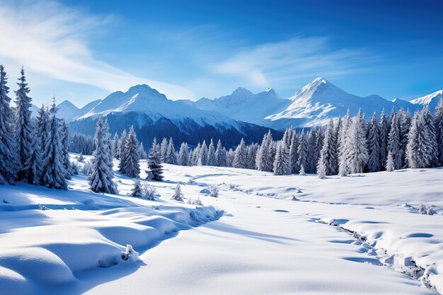 Belíssimo panorama de inverno com neve em pó fresca Paisagem com abetos