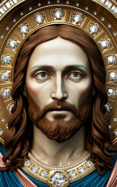 Foto belíssimo rosto de jesus cristo em tecnicolor e cortes de diamantes formando o rosto de jesús cristo