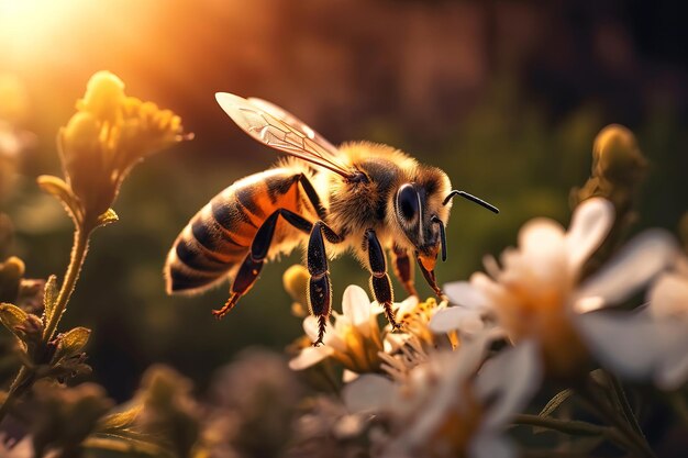 Bella abeja muy detallada en las flores al atardecer
