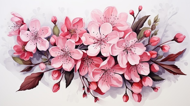 Bella acuarela de la rama de la flor del cerezo y la ilustración de la flor rosada del cerezo sakura aislada sobre un fondo blanco
