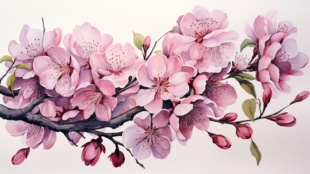 Bella acuarela de la rama de la flor del cerezo y la ilustración de la flor rosada del cerezo sakura aislada sobre un fondo blanco