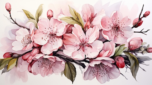 Bella acuarela de la rama de la flor del cerezo y la ilustración de la flor rosada del cerezo sakura aislada sobre un fondo blanco