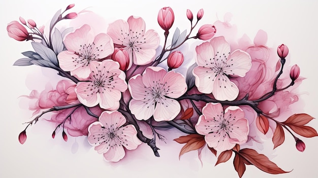 Bella acuarela de la rama de la flor del cerezo y la ilustración de la flor rosada del cerezo sakura aislada sobre un fondo blanco