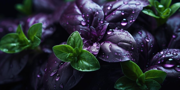 Bella albahaca de primer plano Gotas de rocío en las hojas Albahaca verde y púrpura Foto de alta calidad IA generativa