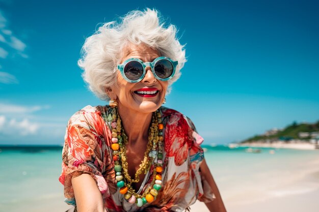 Bella y alegre abuela con gafas de sol en primer plano en el retrato de la playa