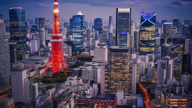 Bella arquitectura y edificios alrededor de la ciudad de Tokio con la Torre de Tokio en Japón