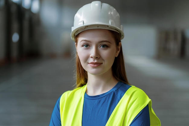 Bella y atractiva arquitecta ingeniera profesional con sombrero blanco mirando a la cámara