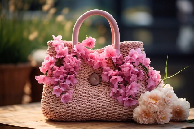 Bella bolsa de paja con flores estacionales de jacinto y anillo