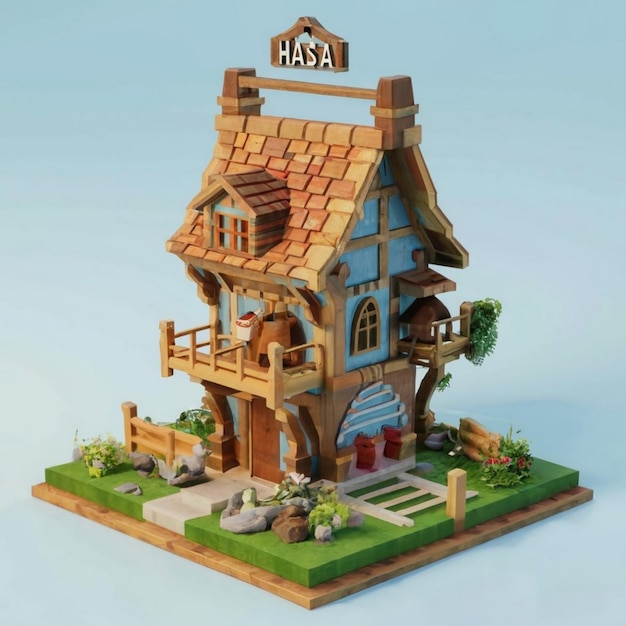 Bella cabaña en el jardín al atardecer renderización 3D