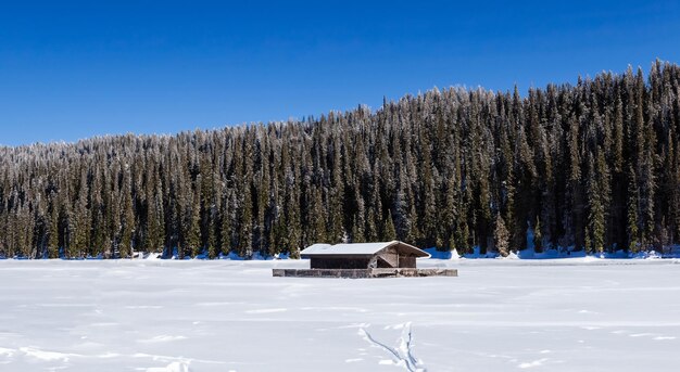 Bella cabaña en medio de la nieve con grandes montañas en el fondo
