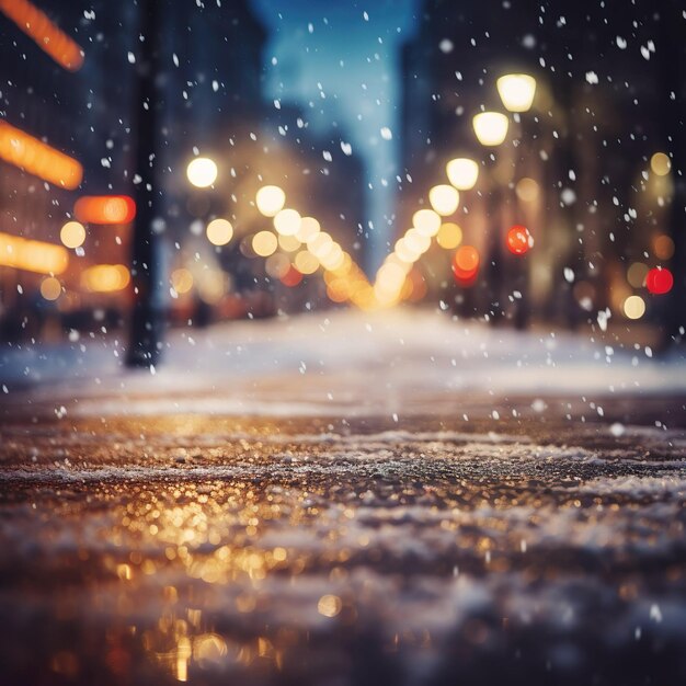 Bella calle borrosa de la noche festiva o la noche de la ciudad con nieve y luces de Navidad Abstra