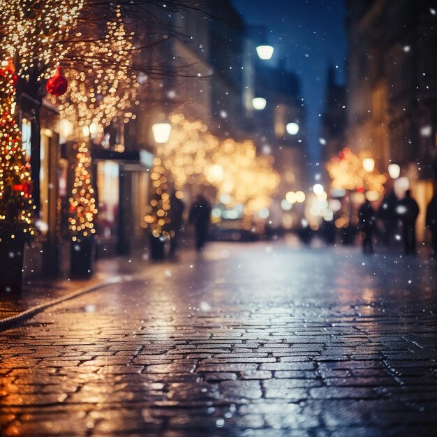 Foto bella calle borrosa de la noche festiva o la noche de la ciudad con nieve y luces de navidad abstra