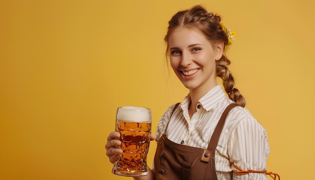 Foto bella camarera del oktoberfest con cerveza y un barril sobre un fondo amarillo