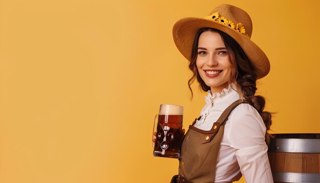 Foto bella camarera del oktoberfest con cerveza y un barril sobre un fondo amarillo