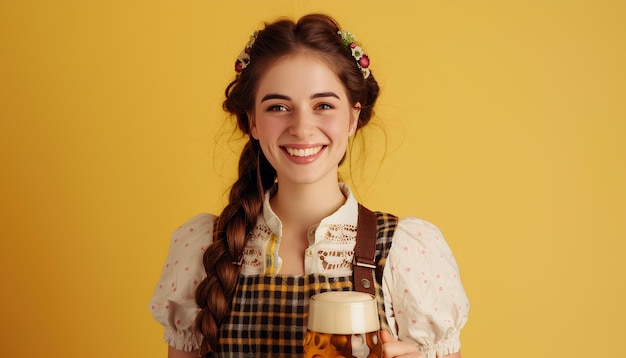 Foto bella camarera del oktoberfest con cerveza y un barril sobre un fondo amarillo