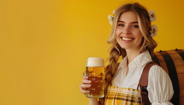 Bella camarera del Oktoberfest con cerveza y un barril sobre un fondo amarillo