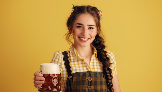 Bella camarera del Oktoberfest con cerveza y un barril sobre un fondo amarillo