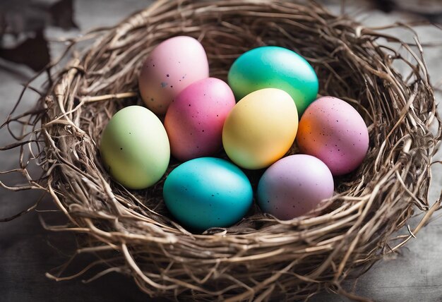 Bella canasta de Pascua con huevos de colores en un nido