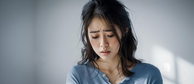 Bella cara de mujer triste mirando hacia abajo joven mujer asiática que sufre de dolor de cabeza